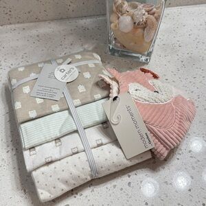 Carter's  NWT Beige Owl Receiving Blankets 4 pack plus Gerber soft book Fox gift